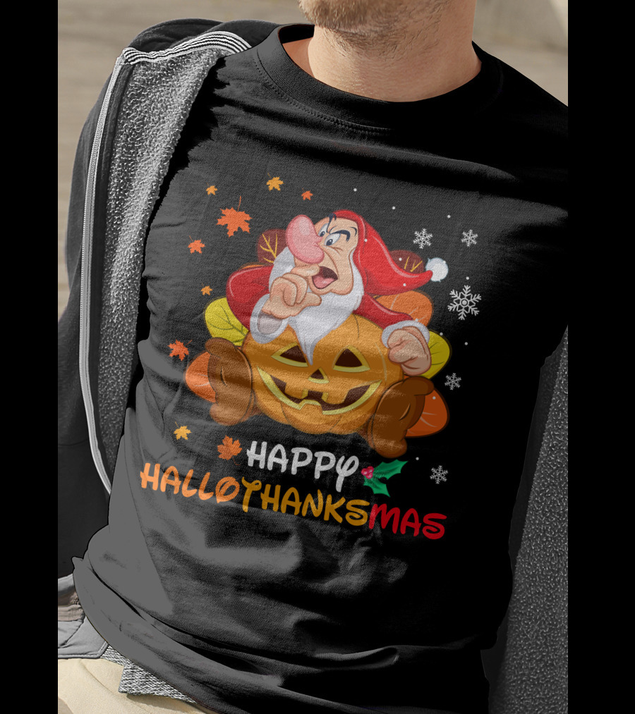Happy Hallothanksmas Santa Dwarf With Pumpkin And Leaves T-Shirt