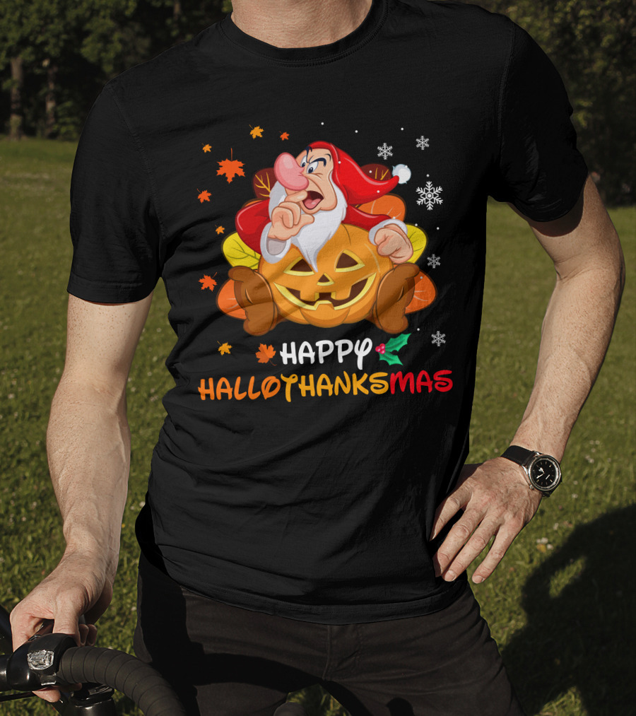 Happy Hallothanksmas Santa Dwarf With Pumpkin And Leaves T-Shirt