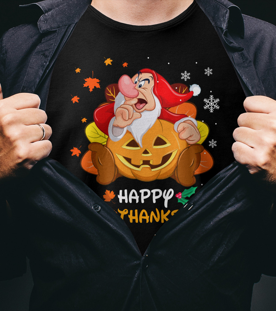 Happy Hallothanksmas Santa Dwarf With Pumpkin And Leaves T-Shirt