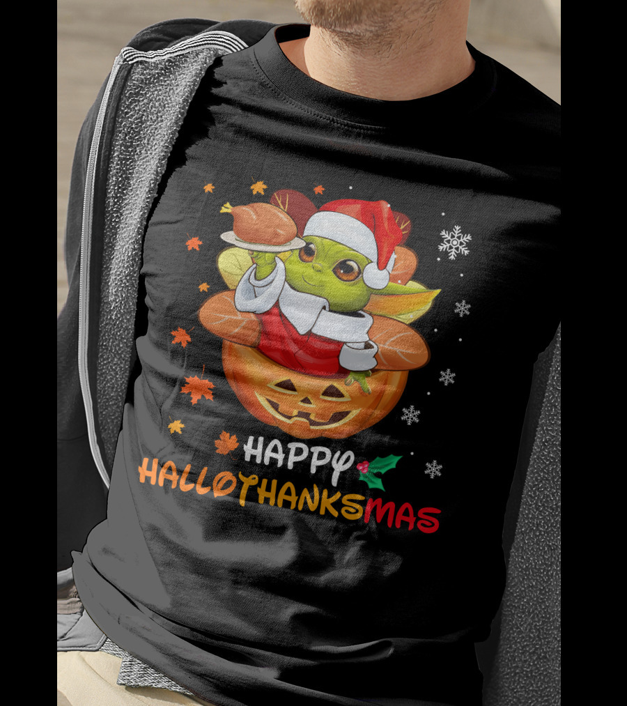 Happy Hallothanksmas Yd Santa Hat Pumpkin Turkey Snowflakes Leaves T-Shirt