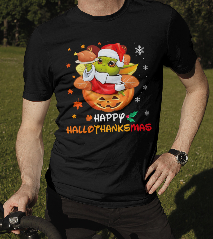 Happy Hallothanksmas Yd Santa Hat Pumpkin Turkey Snowflakes Leaves T-Shirt