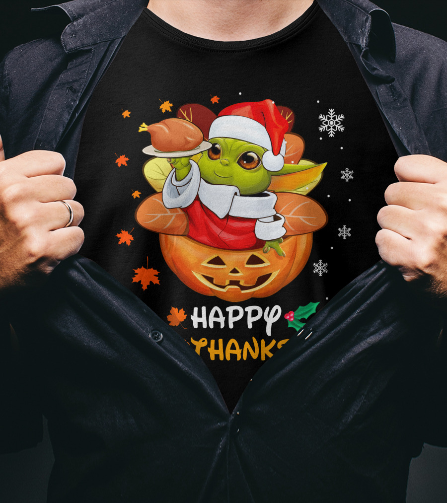 Happy Hallothanksmas Yd Santa Hat Pumpkin Turkey Snowflakes Leaves T-Shirt