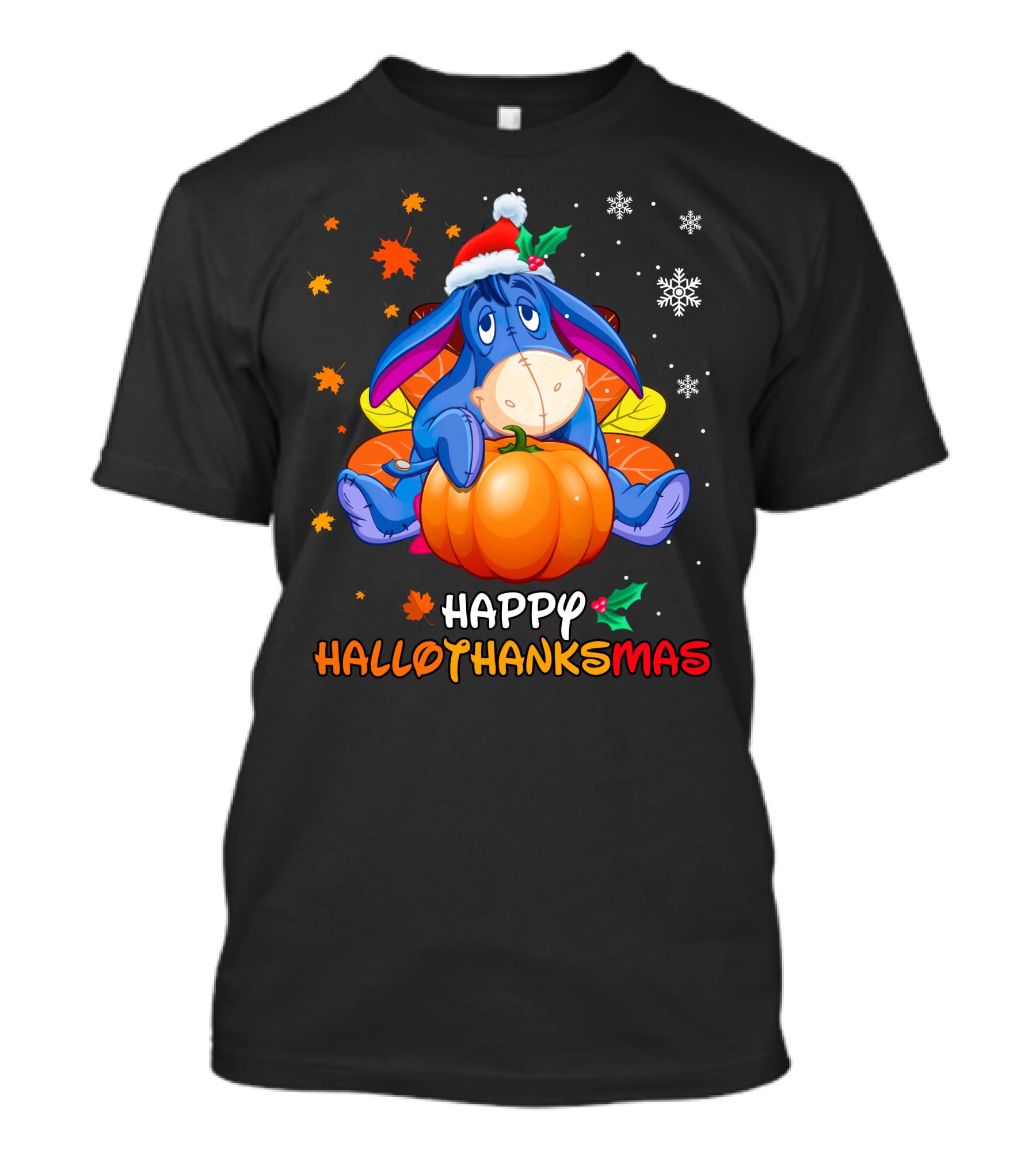 Happy Hallothanksmas Eeyore Pumpkin Santa Hat Snowflakes T-Shirt