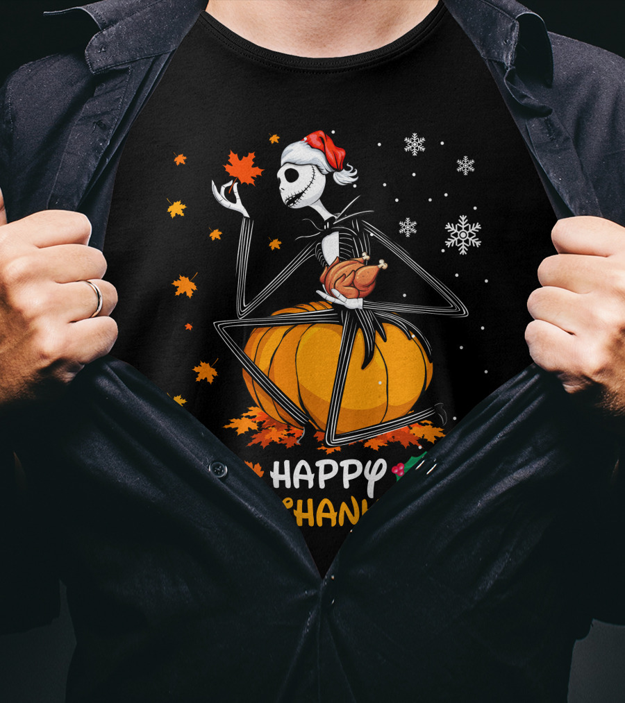 Happy Hallothanksmas Pumpkin Skeleton Holding Turkey T-Shirt
