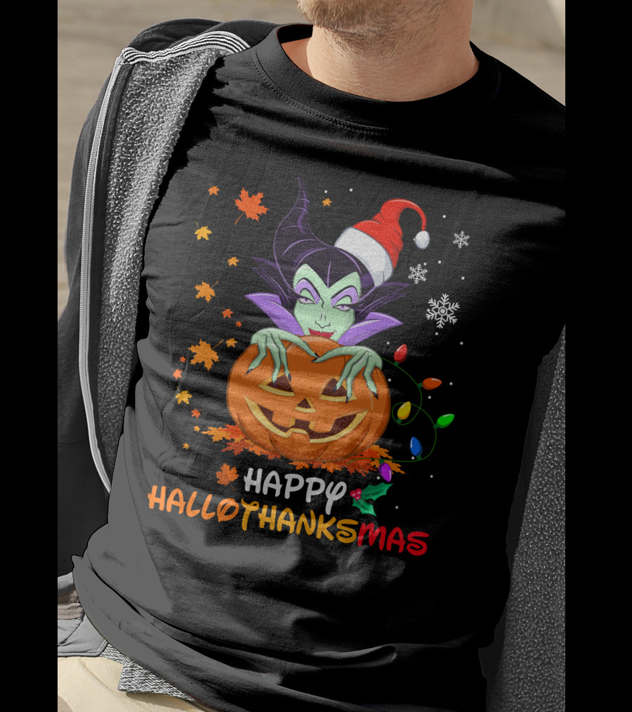 Happy Hallothanksmas Malicious Pumpkin Santa Hat Snowflakes Leaves And Lights T-Shirt