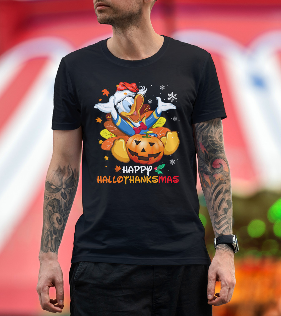 Happy Hallothanksmas Donald Duck Pumpkin Santa Hat Leaves Snowflakes T-Shirt