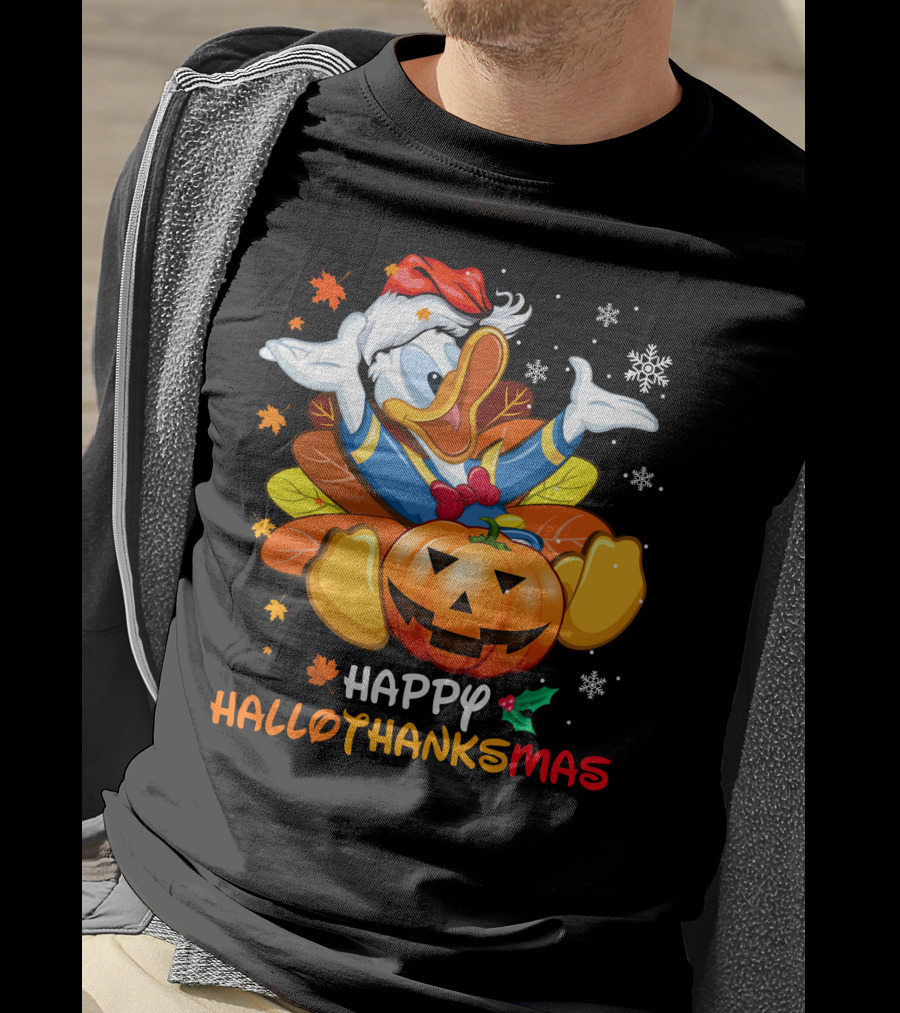 Happy Hallothanksmas Donald Duck Pumpkin Santa Hat Leaves Snowflakes T-Shirt
