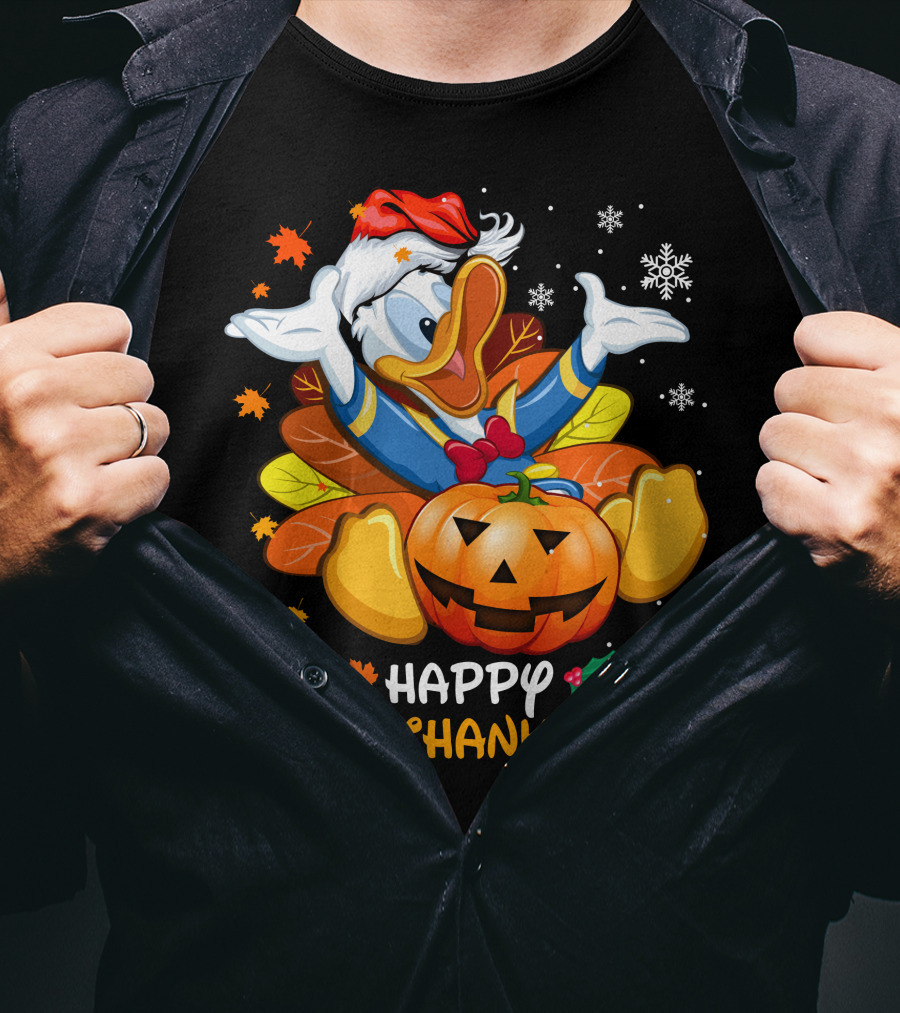 Happy Hallothanksmas Donald Duck Pumpkin Santa Hat Leaves Snowflakes T-Shirt