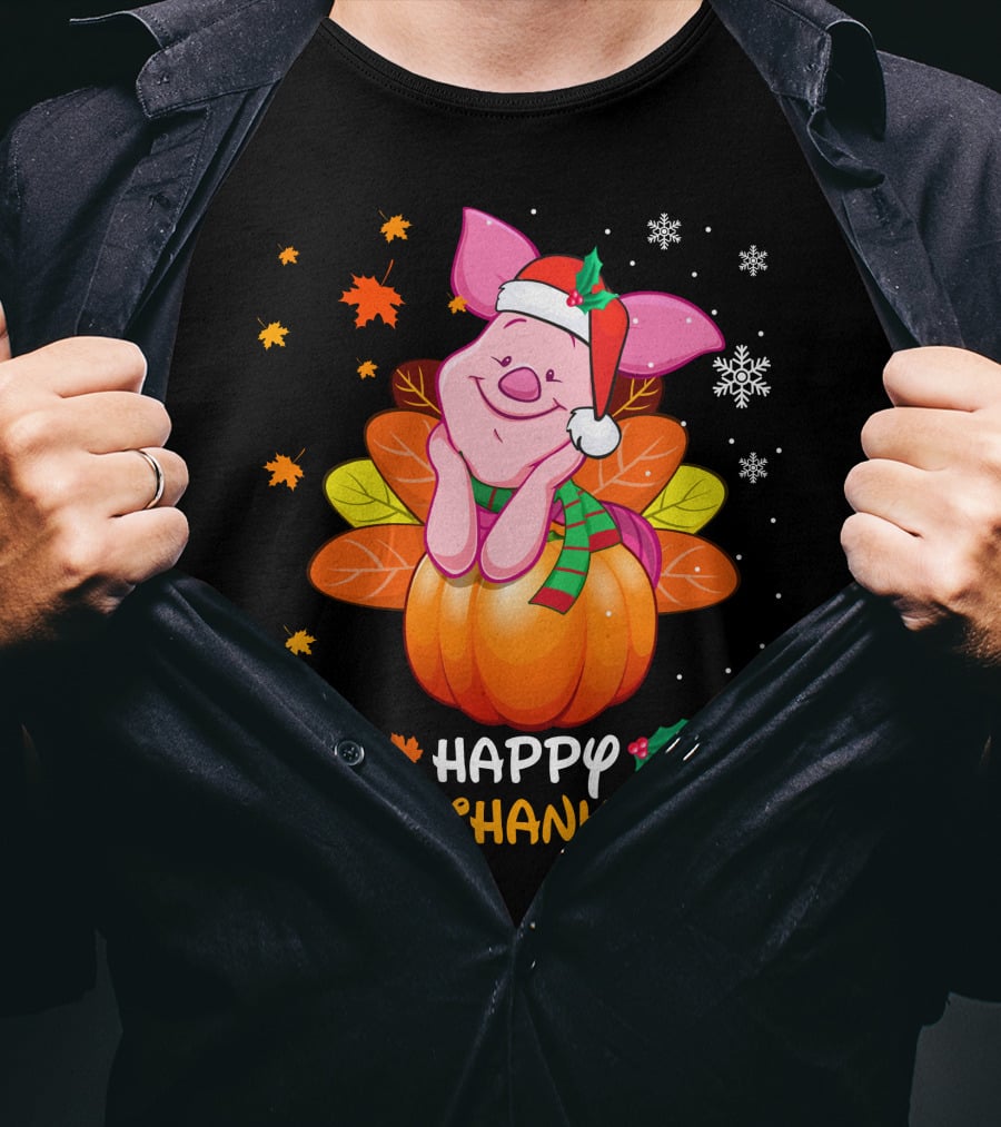 Happy Hallothanksmas Piglet In Pumpkin With Santa Hat And Scarf T-Shirt