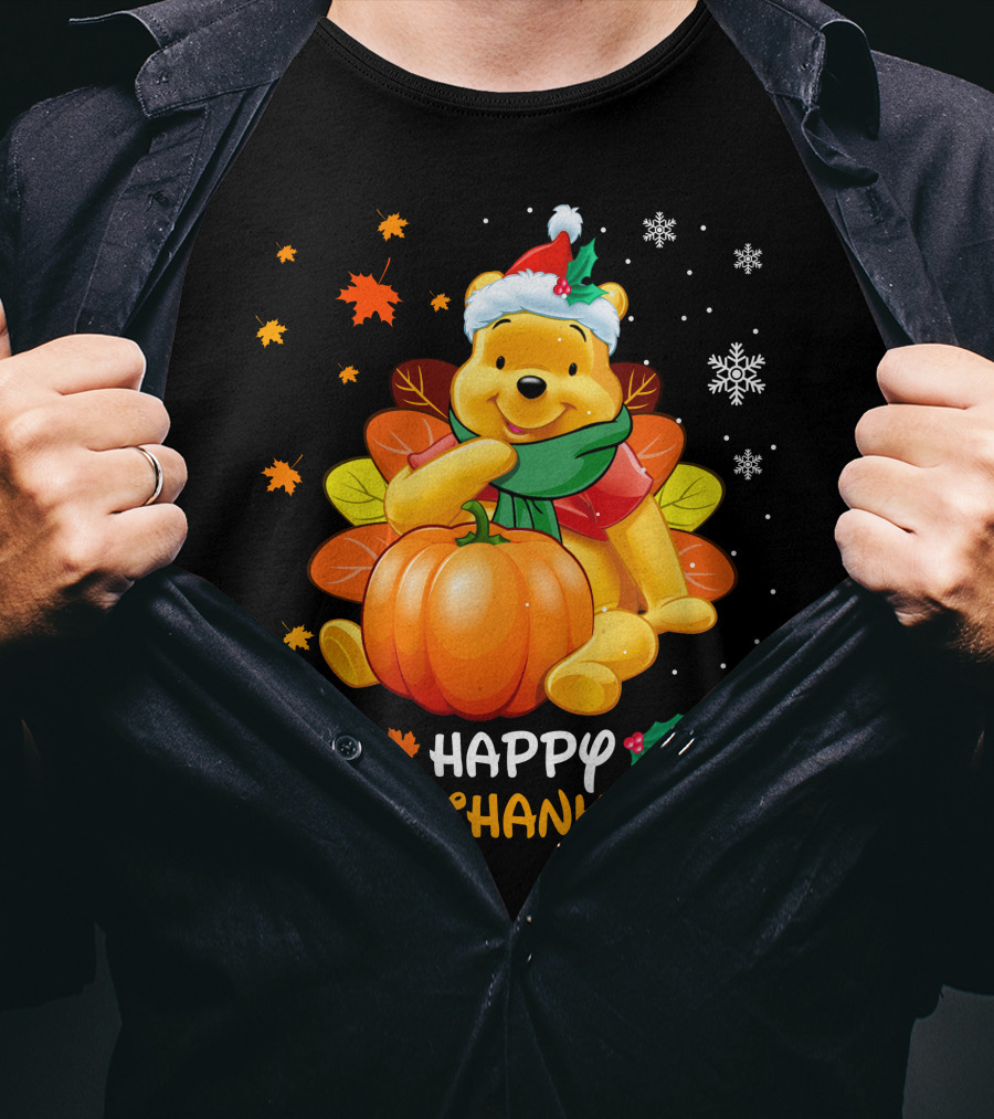 Happy Hallothanksmas Winnie Pumpkin Santa Hat Snowflakes T-Shirt