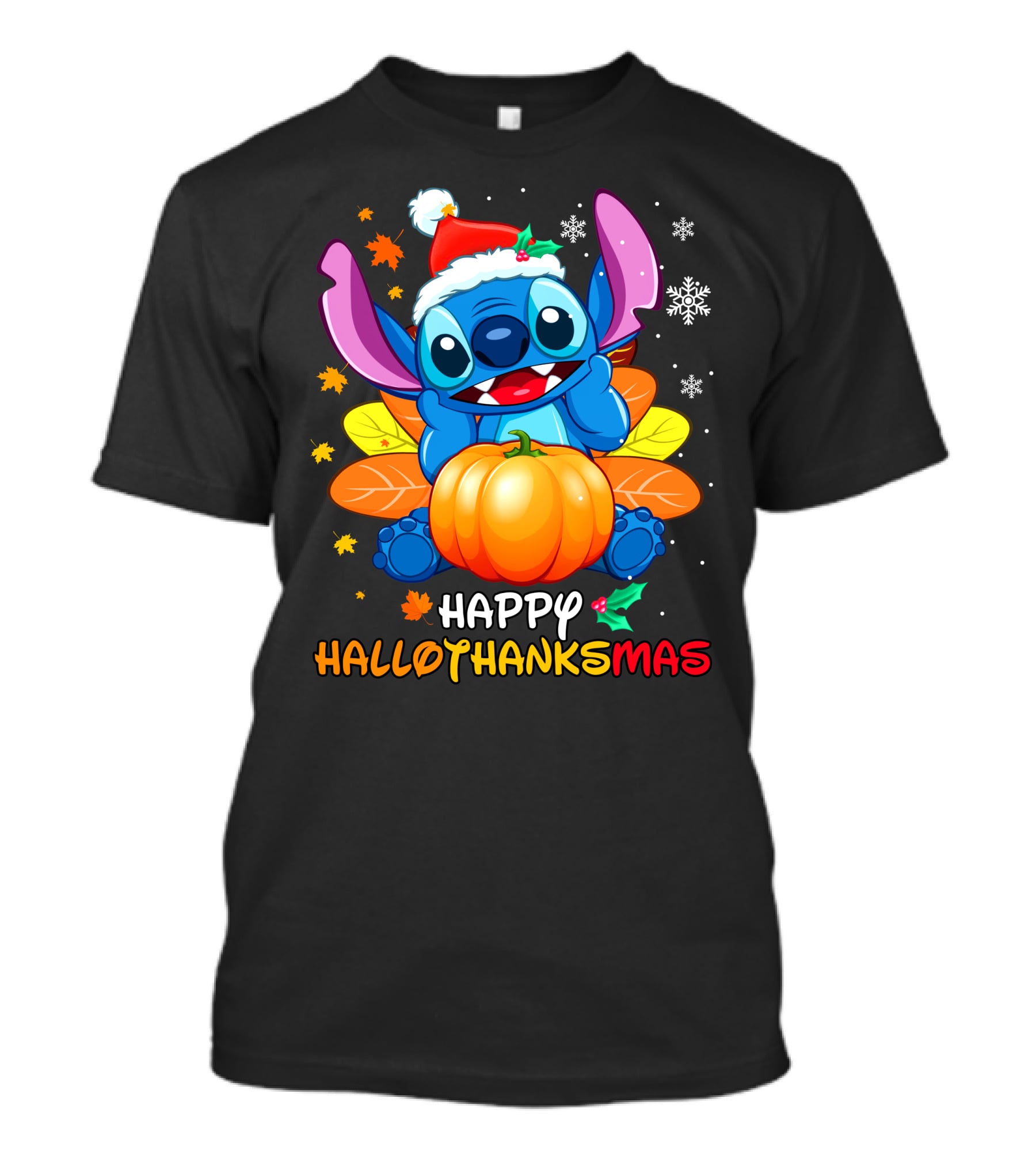 Happy Hallothanksmas Winter Stitch With Pumpkin And Santa Hat T-Shirt