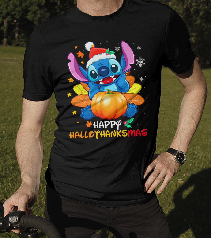 Happy Hallothanksmas Winter Stitch With Pumpkin And Santa Hat T-Shirt
