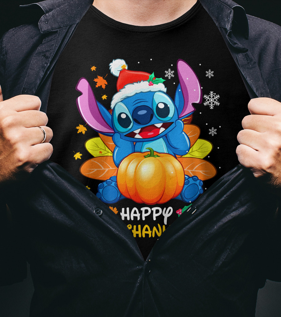 Happy Hallothanksmas Winter Stitch With Pumpkin And Santa Hat T-Shirt