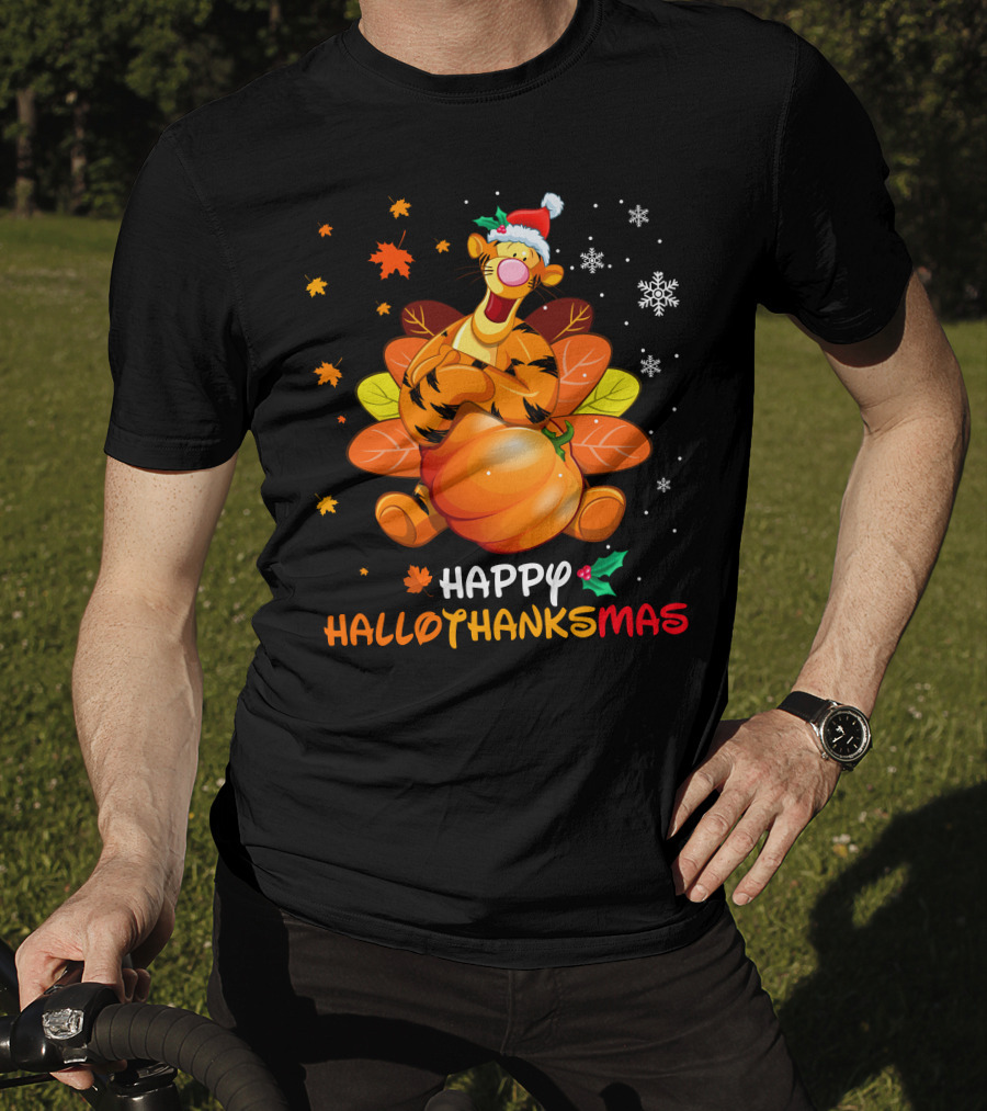 Happy Hallothanksmas Tg Tiger With Pumpkin Santa Hat And Turkey Feathers Snowflakes And Autumn Leaves T-Shirt