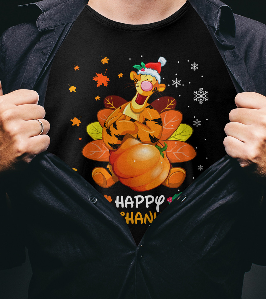 Happy Hallothanksmas Tg Tiger With Pumpkin Santa Hat And Turkey Feathers Snowflakes And Autumn Leaves T-Shirt