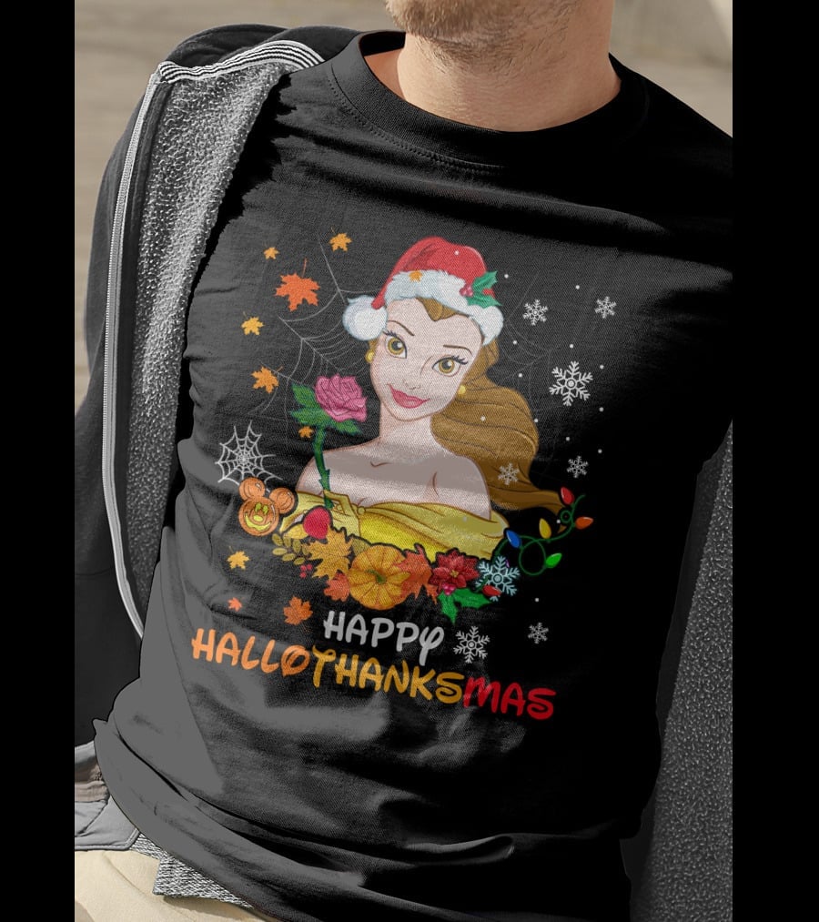 Happy Hallothanksmas - Belle In Santa Hat With Spider Webs Pumpkins And Lights T-Shirt