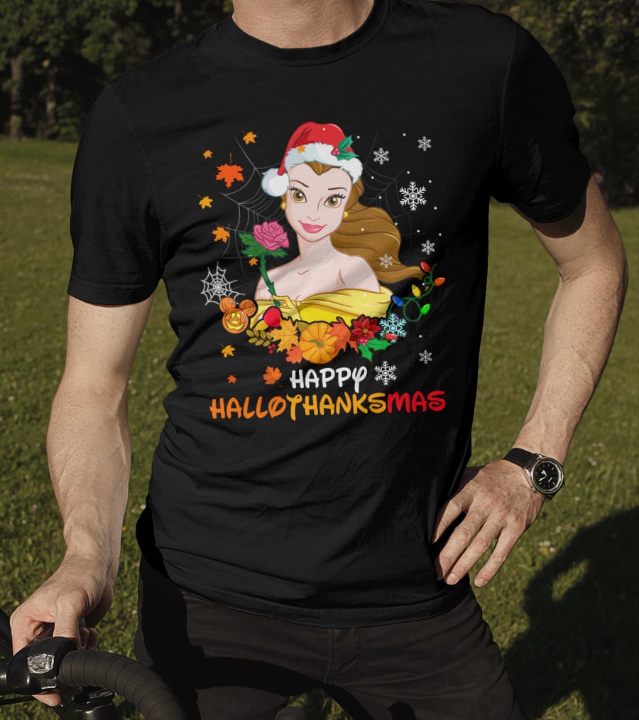 Happy Hallothanksmas - Belle In Santa Hat With Spider Webs Pumpkins And Lights T-Shirt