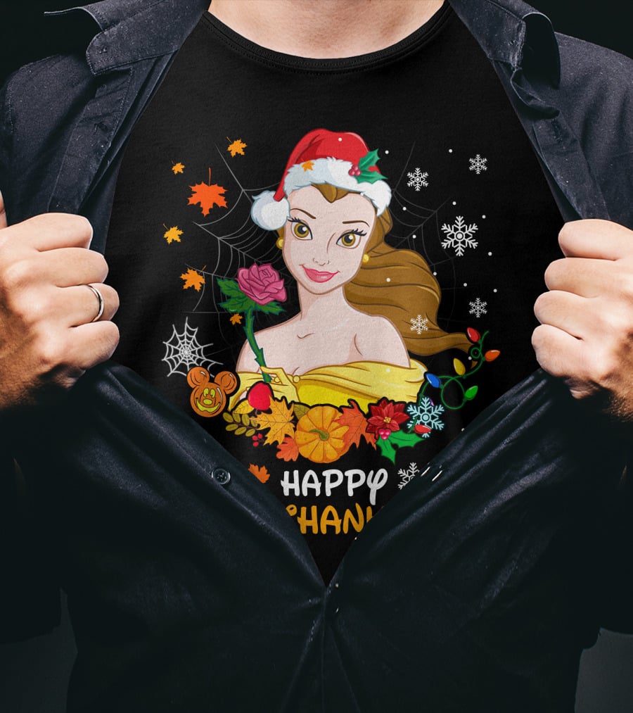 Happy Hallothanksmas - Belle In Santa Hat With Spider Webs Pumpkins And Lights T-Shirt