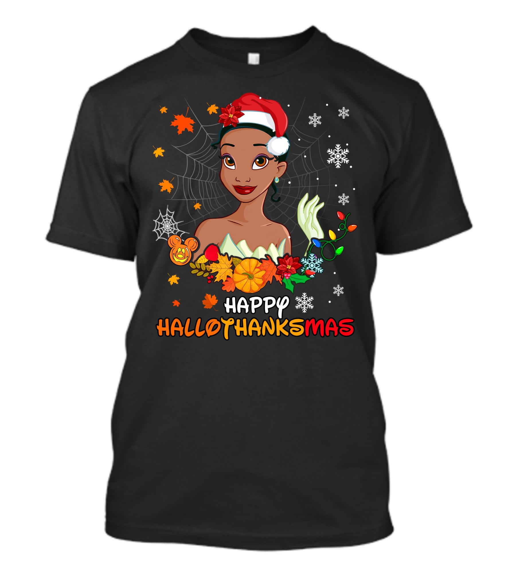 Happy Hallothanksmas Tiana Disney Princess With Santa Hat Spider Web And Holiday Decorations T-Shirt
