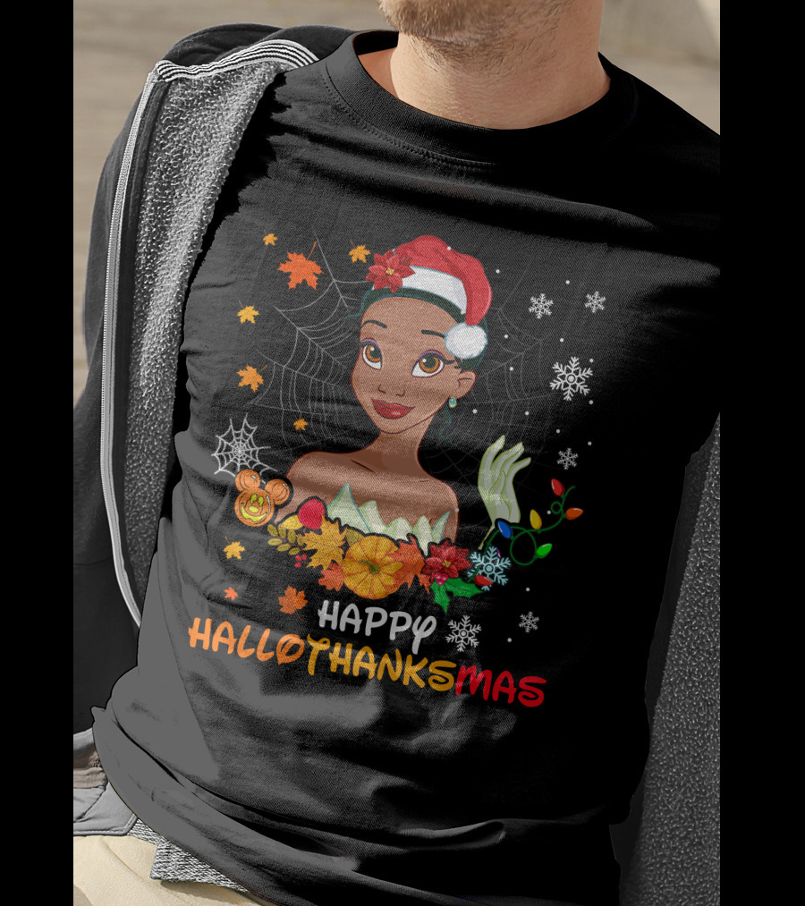Happy Hallothanksmas Tiana Disney Princess With Santa Hat Spider Web And Holiday Decorations T-Shirt
