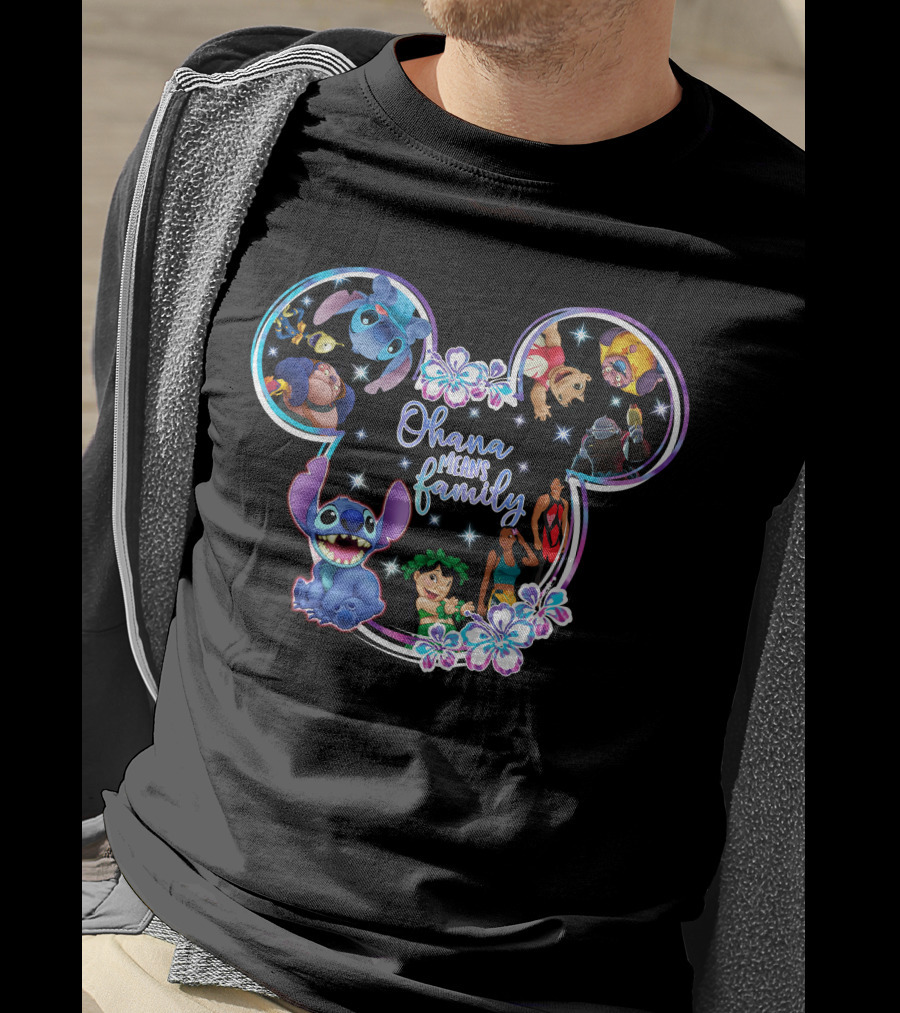 Ohana Means Family Stitch Mickey Ears Disney Characters Floral T-Shirt