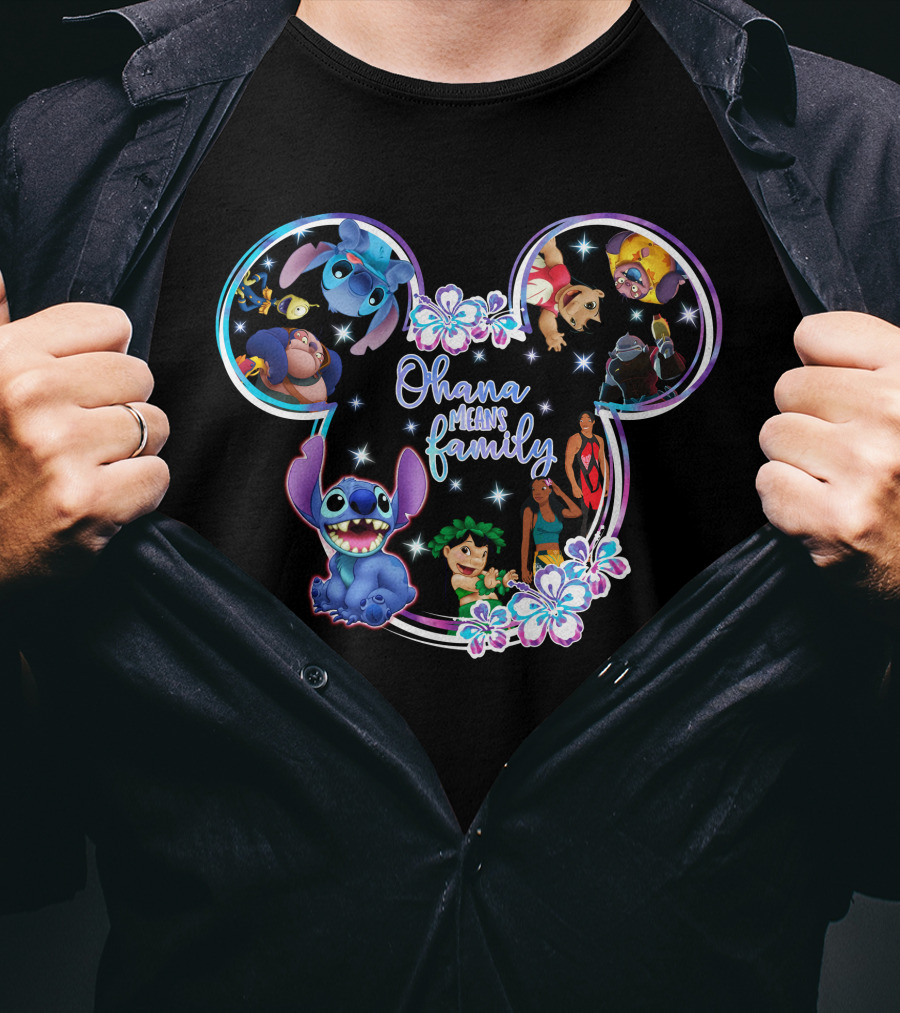 Ohana Means Family Stitch Mickey Ears Disney Characters Floral T-Shirt