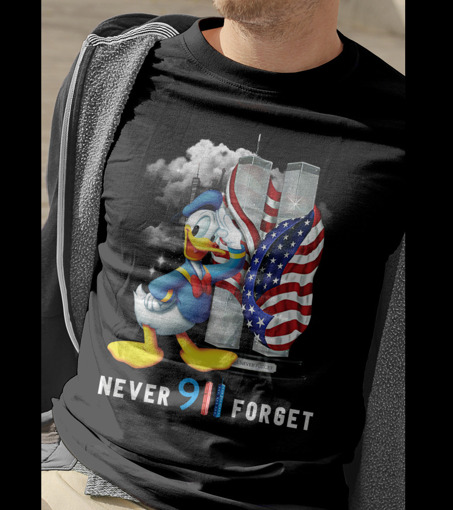 Donald Duck Never 9/11 Forget Twin Towers American Flag T-Shirt