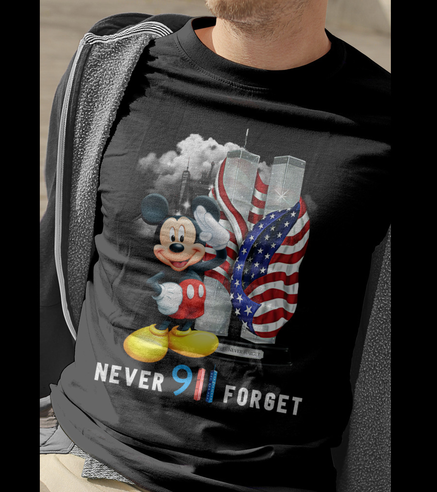 Never 9/11 Forget Mickey Twin Towers American Flag T-Shirt