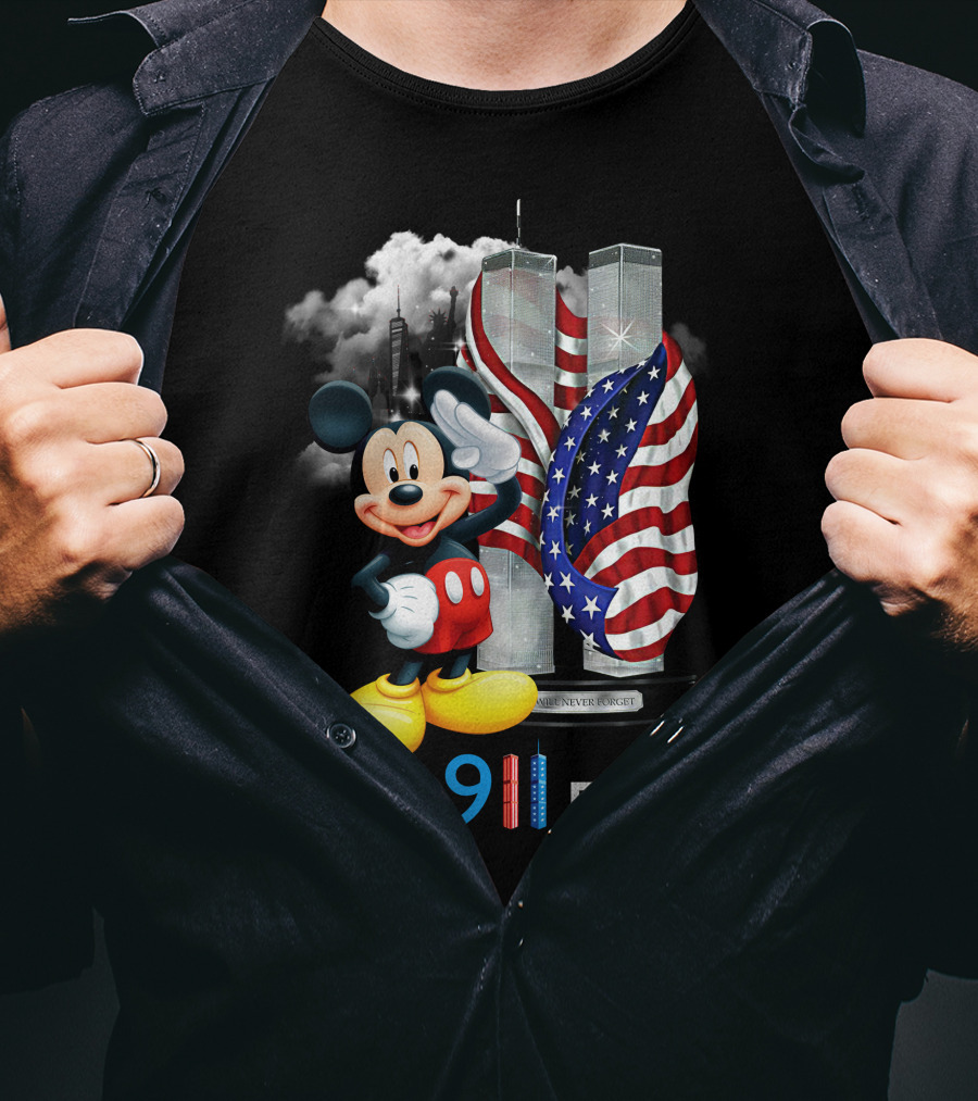 Never 9/11 Forget Mickey Twin Towers American Flag T-Shirt
