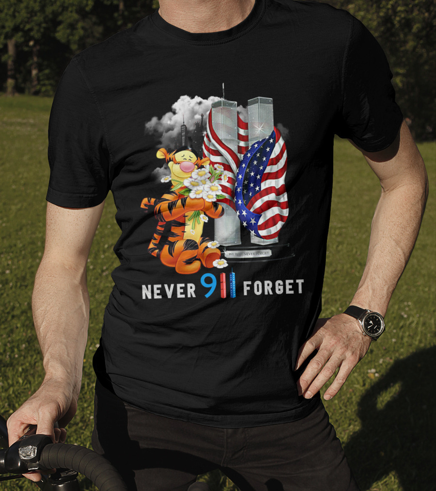 Never 911 Forget Tigger Holding Flowers Twin Towers American Flag T-Shirt