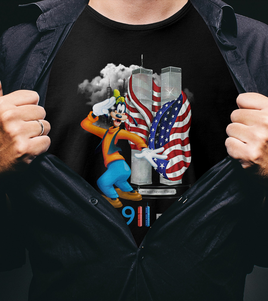Never 911 Forget Goofy-D Twin Towers Salute American Flag T-Shirt
