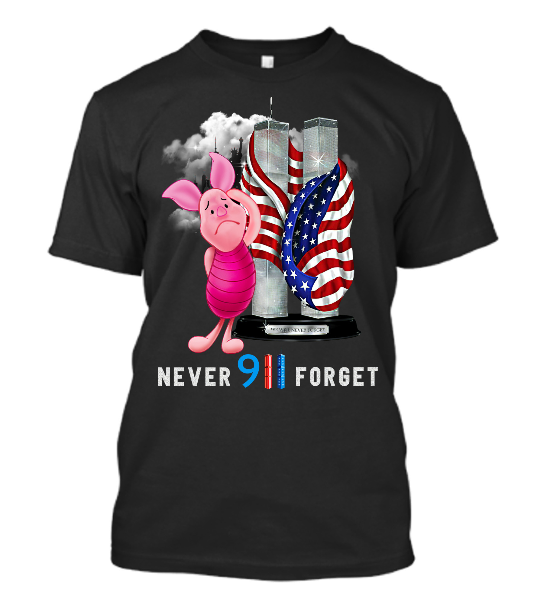 Never 9 11 Forget Piglet Twin Towers American Flag T-Shirt