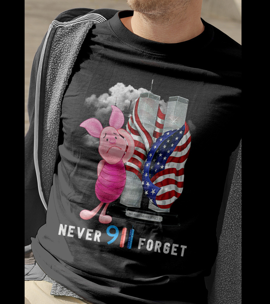 Never 9 11 Forget Piglet Twin Towers American Flag T-Shirt