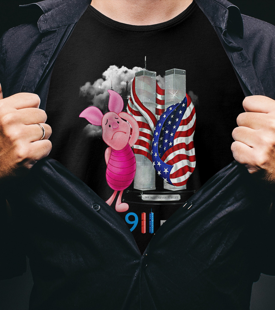 Never 9 11 Forget Piglet Twin Towers American Flag T-Shirt