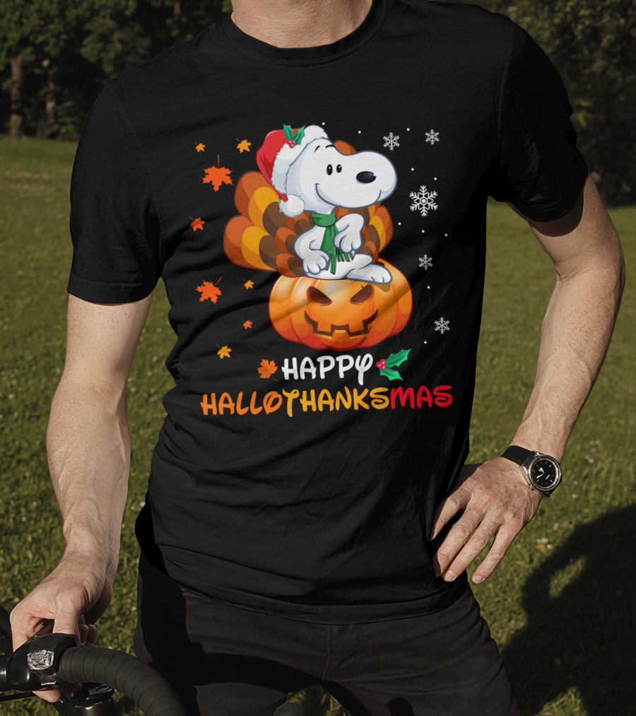 Happy Hallothanksmas Snoopy Christmas Pumpkin Turkey Leaves Snowflakes T-Shirt