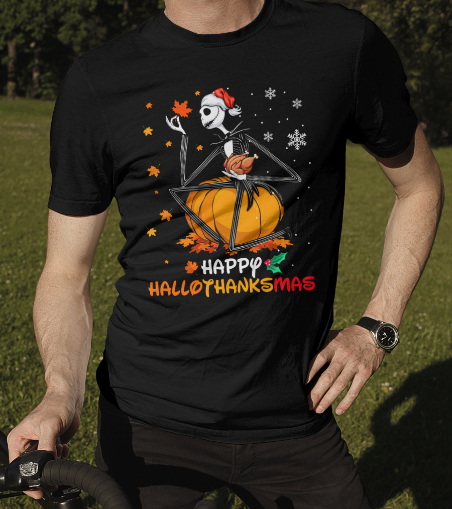 Happy Hallothanksmas Jack Skellington Pumpkin Santa Hat T-Shirt