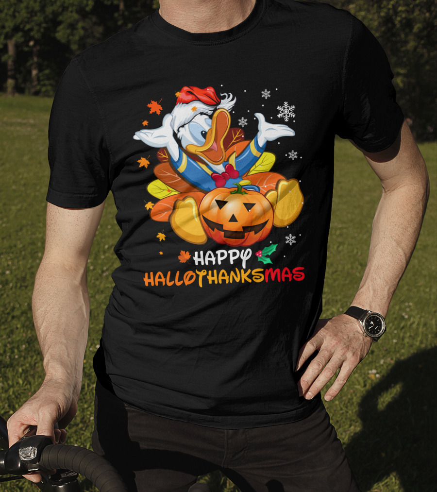 Happy Hallowthanksmas Donald Duck Pumpkin Leaves Snowflakes Santa Hat T-Shirt