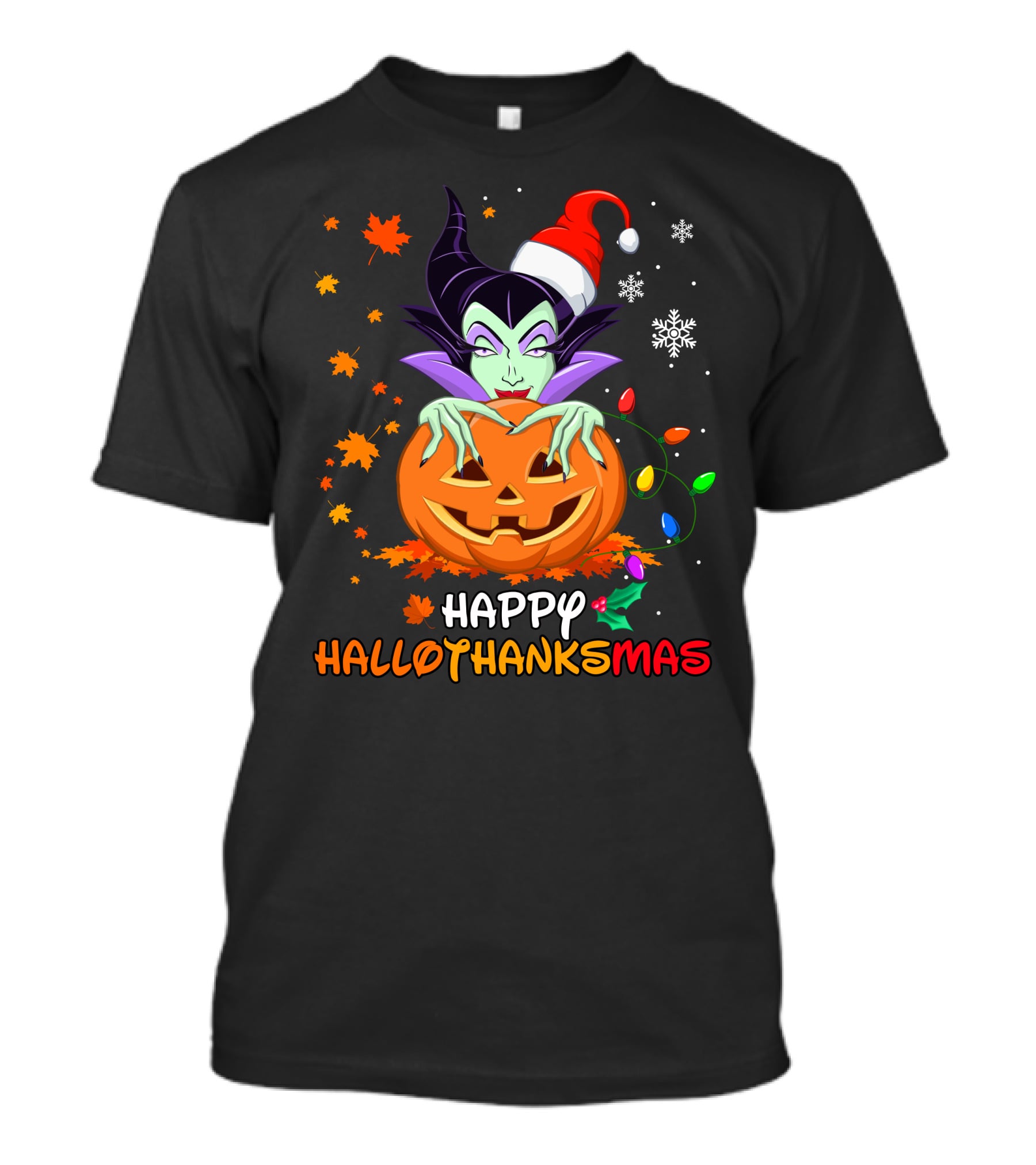 Happy Hallothanksmas Maleficent Pumpkin Holiday Lights T-Shirt