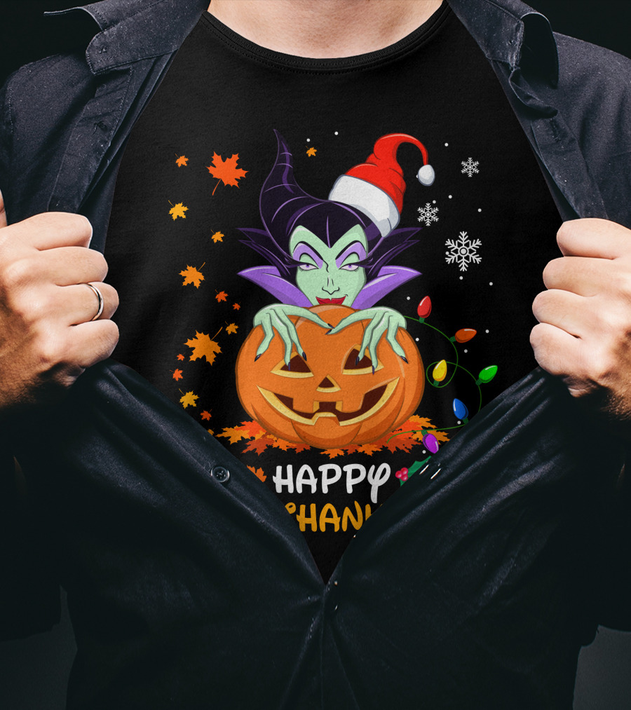 Happy Hallothanksmas Maleficent Pumpkin Holiday Lights T-Shirt