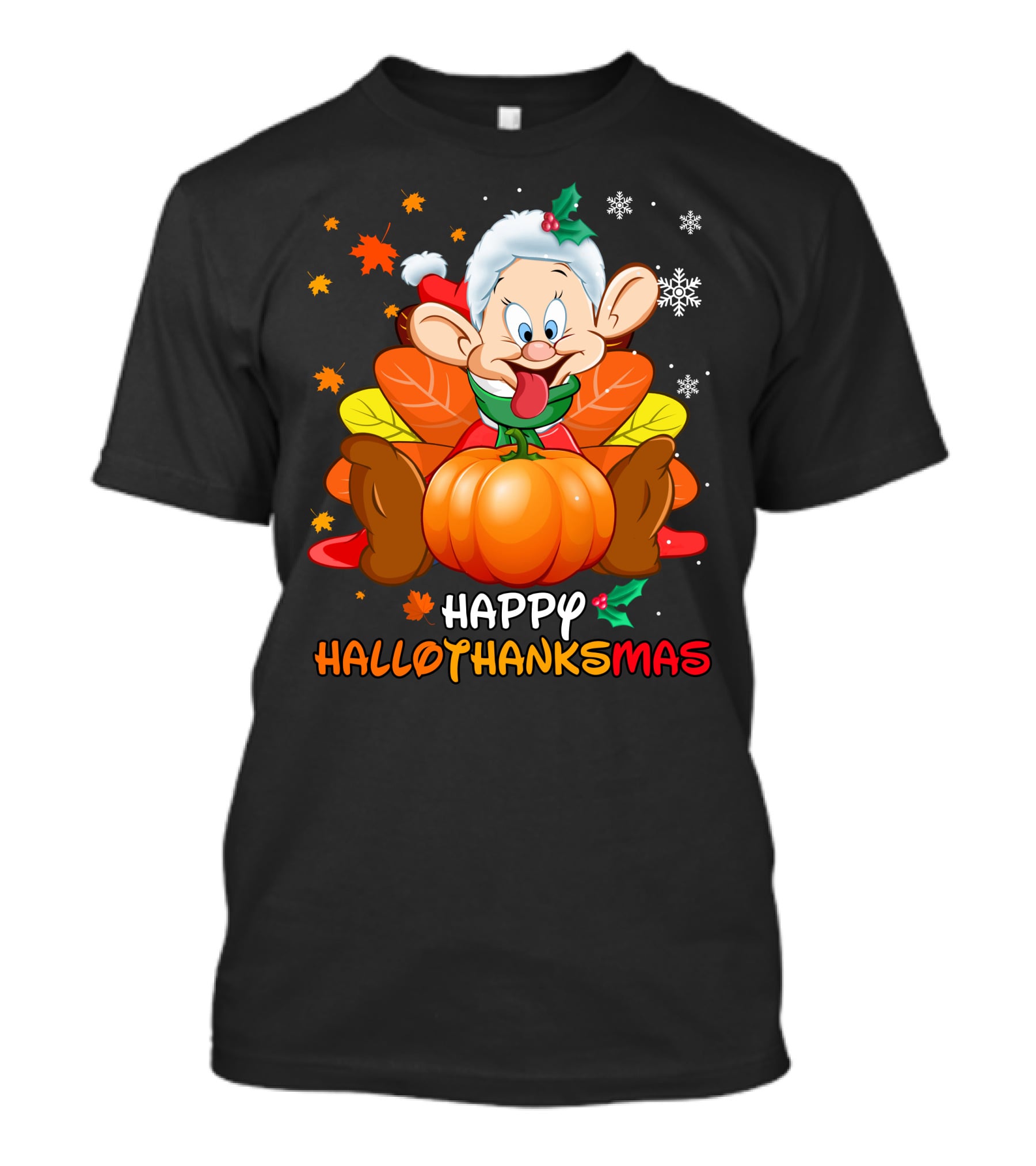 Happy Hallothanksmas Dopey Pumpkin Leaves Snowflakes T-Shirt