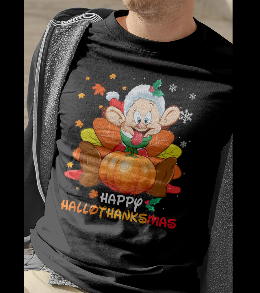 Happy Hallothanksmas Dopey Pumpkin Leaves Snowflakes T-Shirt
