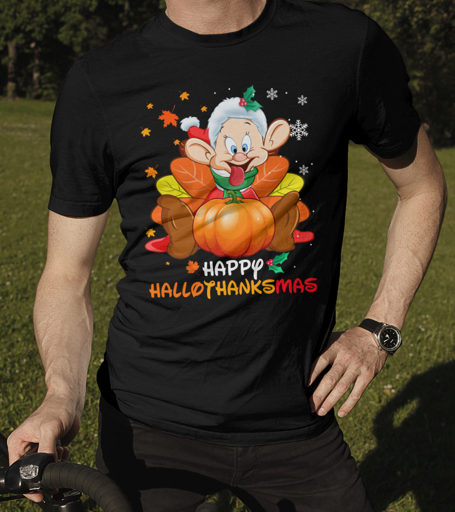 Happy Hallothanksmas Dopey Pumpkin Leaves Snowflakes T-Shirt