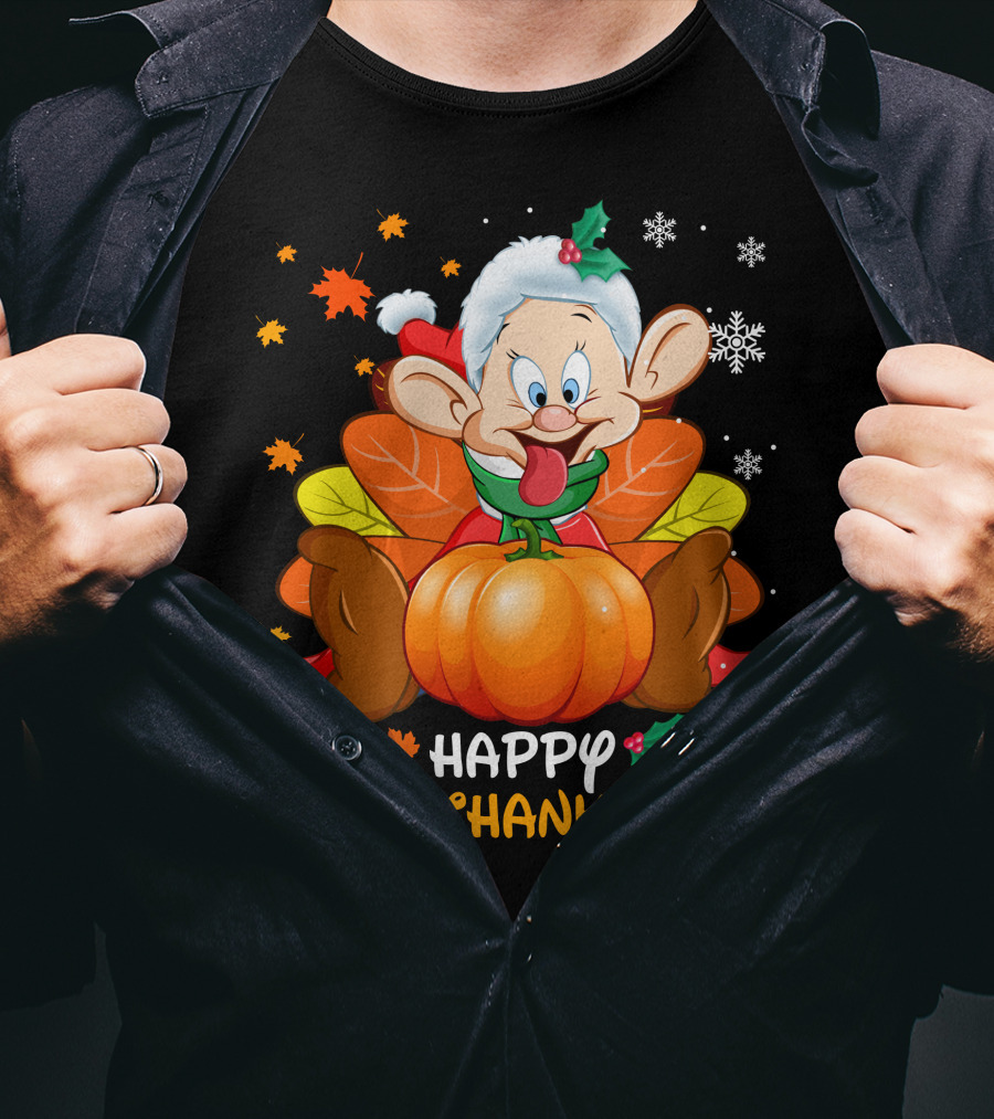 Happy Hallothanksmas Dopey Pumpkin Leaves Snowflakes T-Shirt