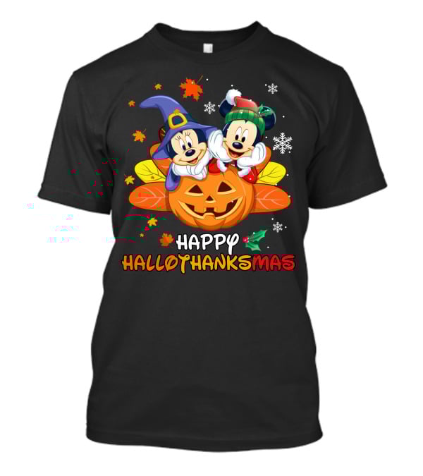 Mickey & Minnie Happy Hallothanksmas Pumpkin Snowflakes Leaves T-Shirt