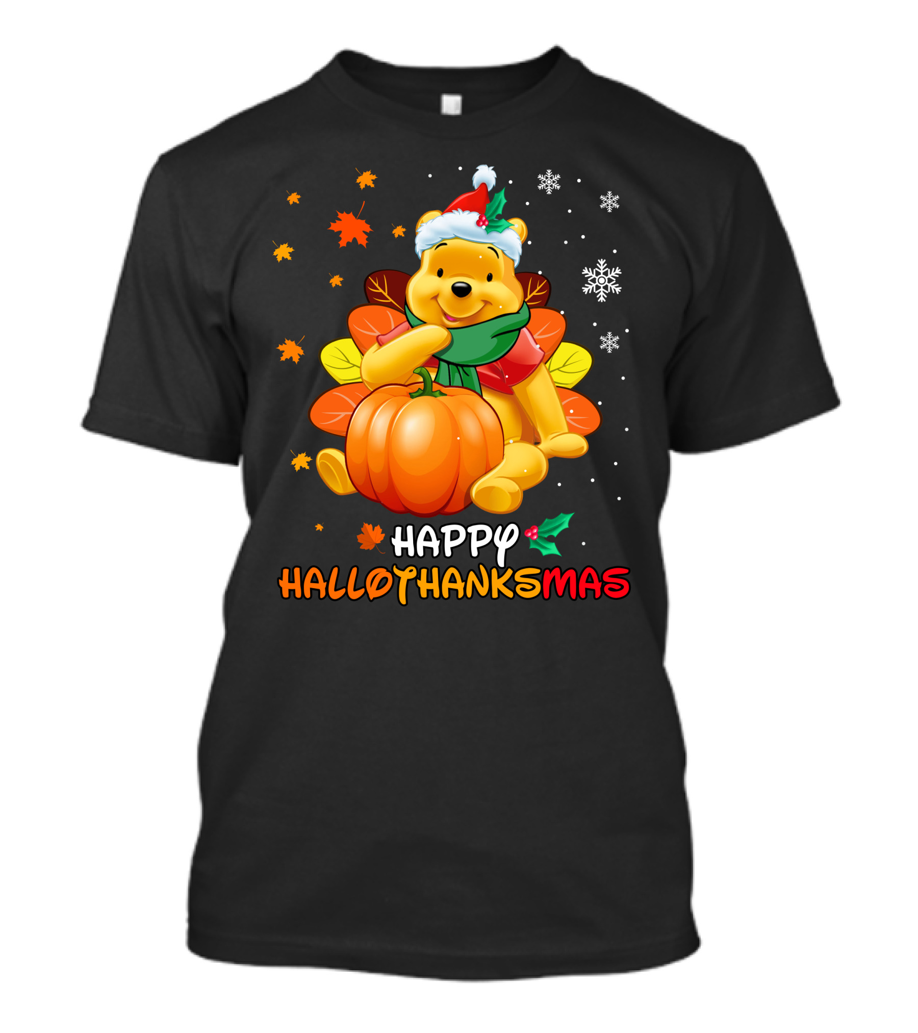 Happy Hallothanksmas Pooh Pumpkin Santa Hat Snowflakes T-Shirt