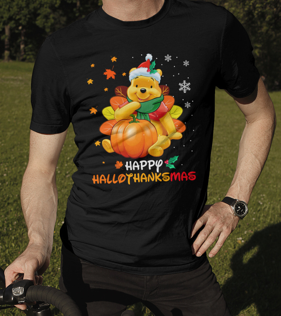 Happy Hallothanksmas Pooh Pumpkin Santa Hat Snowflakes T-Shirt