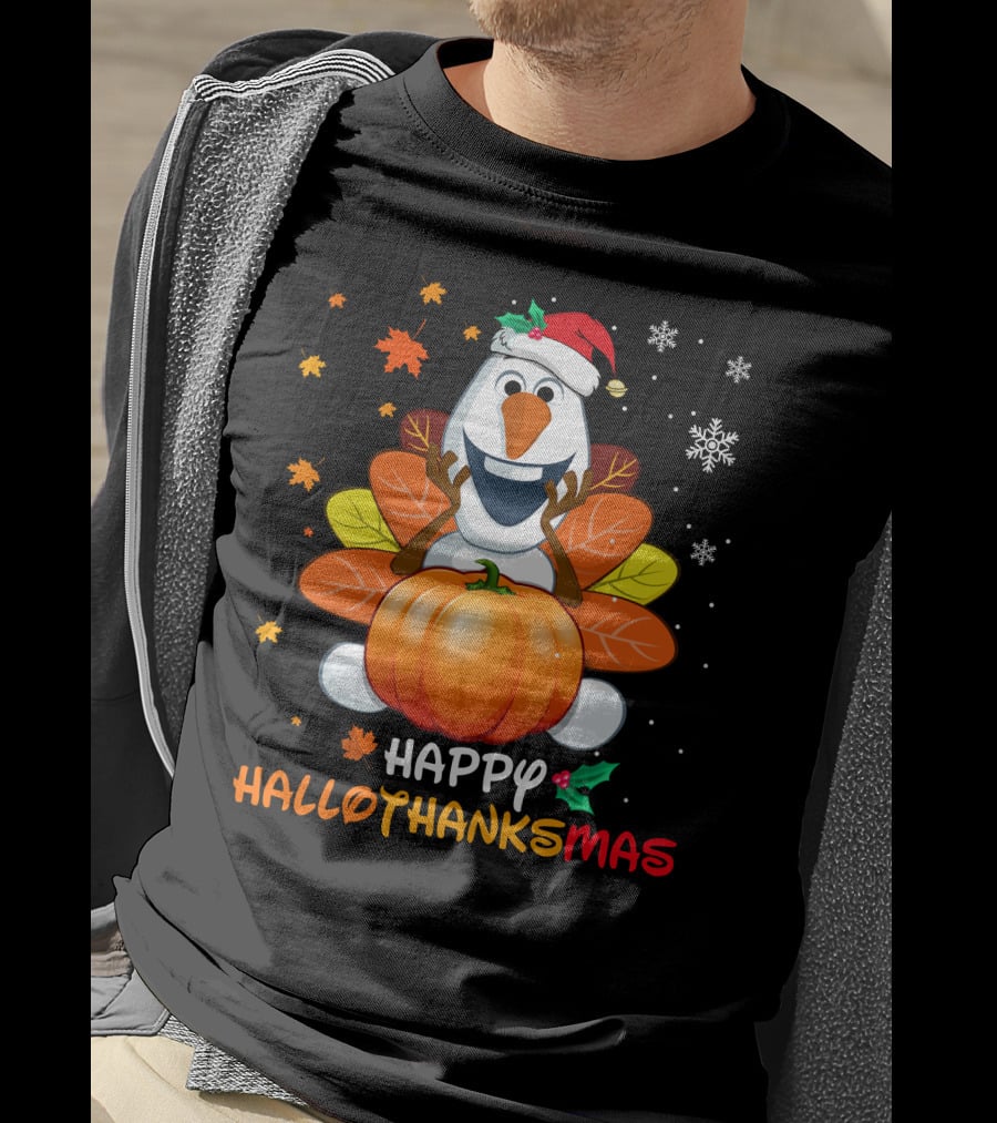 Happy Hallothanksmas Olaf Santa Hat Pumpkin Leaves Snowflakes T-Shirt