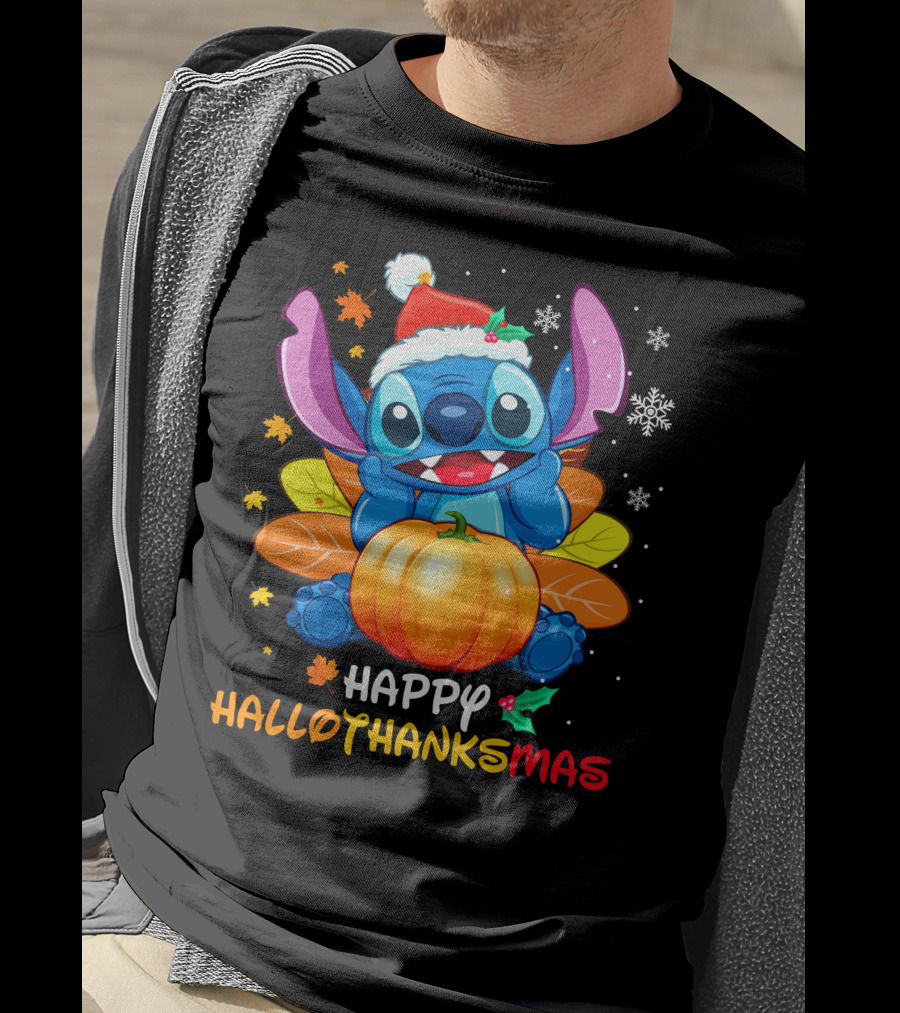 Happy Hallothanksmas Stitch Pumpkin Santa Hat Leaves Snowflakes T-Shirt