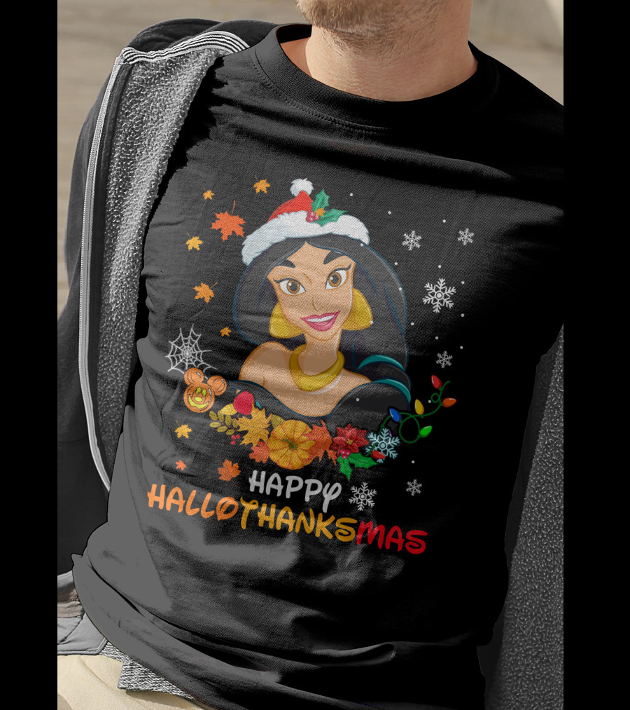 Happy Hallothanksmas Jasmine Fall Leaves Pumpkins Snowflakes T-Shirt