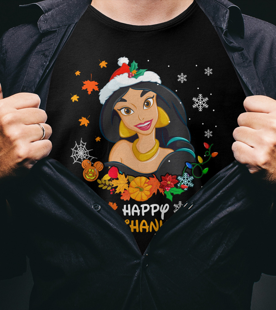 Happy Hallothanksmas Jasmine Fall Leaves Pumpkins Snowflakes T-Shirt
